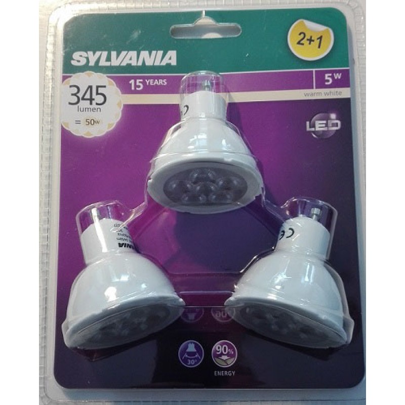 Sylvania Ledspot GU10 5W=50W 345 lumen, verpakt per 3